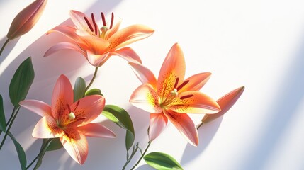 Fototapeta premium Beautiful Pink Lilies on White Background in Bright Light with Soft Shadows