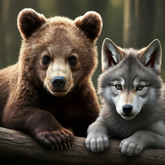 Obraz premium Friendship and love photos that don't require animal species (Baby wolf, baby bear)