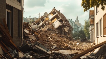 Fototapeta premium Modern disaster scene depicting a city in ruins, characterized by destroyed buildings and a significant pile of rubble from damaged houses, with ample copy space for text.
