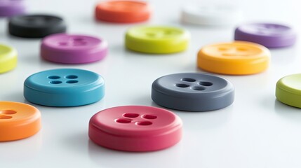 Colorful round buttons in a variety of bright hues are arranged harmoniously on a clean white surface, enhanced by soft illumination, creating a visually appealing composition with ample photo space.