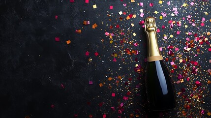 Fototapeta premium Champagne Bottle with Gold Confetti on Dark Background for Celebration