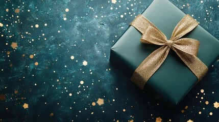 A contemporary, semi-matte galactic green gift box is placed on a serene backdrop, while a gleaming golden bow beautifully enhances the galactic green gift box. Ample copy space available.
