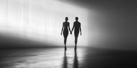 Obraz premium Two silhouettes hold hands in a minimalist setting. The soft light casts gentle shadows. This image captures a peaceful and emotional moment. Perfect for art or relationship themes. AI