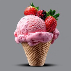 A photostock of a creamy strawberry ice cream scoop with berry garnish, perfect for dessert or summer themes, isolated on transparent PNG background, High Quality
