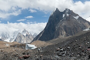 View from Baltoro glacier to Mitre Peak (6,030 meters), while walking from Gore 2 camp to Concordia...