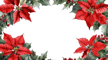 Watercolor Wreath of Red Poinsettia Flowers with Green Leaves on White Background