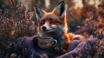 Naklejka premium Cute Fox Wearing Purple Sweater Sitting on Autumn Leaves