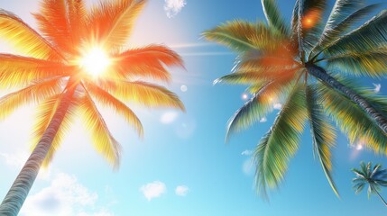 Fototapeta premium Sun-kissed palm trees against a bright blue sky, capturing the essence of a tropical paradise.