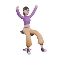  Dance Star 3D Cartoon Character. A female dancer sits on a chair with both hands clenched upwards with a happy expression. Performer Design