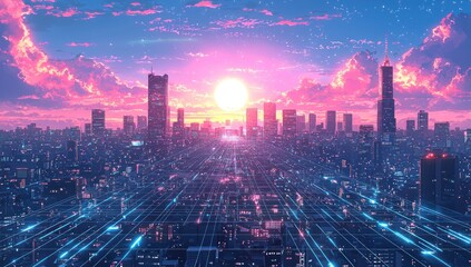 Fototapeta premium A Futuristic City Skyline with Bright Lights and a Sunset Sky