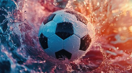 Close-up of a soccer ball surrounded by dynamic water splashes, highlighting the texture and details of the soccer ball with a vibrant backdrop and ample copy space.