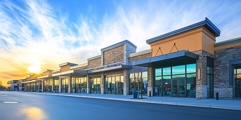 Shopping Center at Sunrise with Modern Architecture
