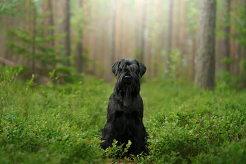 A Schnauzer sits in a sunlit forest clearing, looking towards the camera. The dog calm expression blends with the serene woodland environment.