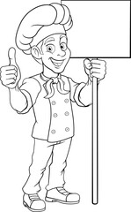 A chef or baker cartoon cook food man mascot character holding a sign or menu board with copy space illustration
