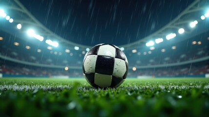 Fototapeta premium a soccer ball on wet grass during a rainy game
