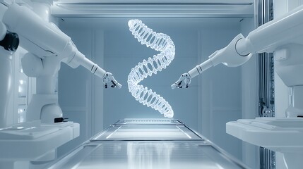  A digital hologram of human DNA hovers in a sterile, white lab, slowly spinning above a metallic table, while robotic arms extend to manipulate the virtual structure. 