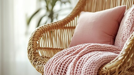 Obraz premium Elegant wicker rattan armchair adorned with soft pink cushions and cozy knitted blankets, captured in close-up detail. Perfect for a furniture marketplace theme with ample copy space.