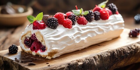 A log shaped dessert made of meringue, beautifully adorned with berries and chocolate, featuring gentle pastel colors for an elegant presentation.