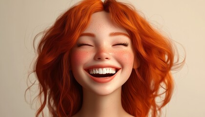 Naklejka premium Portrait of Happy Smiling Woman with Short Red Hair Laughing Against White Background