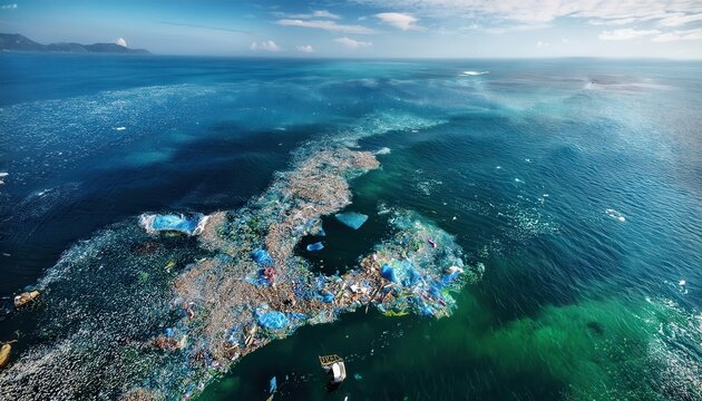 Aerial View of the Great Pacific Garbage Patch. Massive Spread of Plastic Waste and Debris in the Ocean Highlighting the Urgent Environmental Crisis of Pollution and Impact on Marine Life Ecosystem