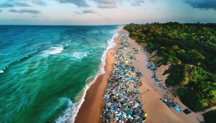 Ocean Pollution Crisis. Aerial View of Plastic and Trash Covering Beach Shoreline with Crashing Waves, Highlighting Urgent Need for Environmental Cleanup and Conservation Efforts