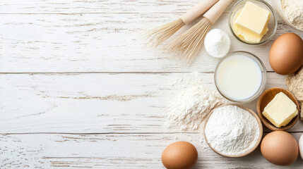 Baking supplies: milk, eggs, flour, sour cream, butter, salt and tools. White wooden surface. Space for text.