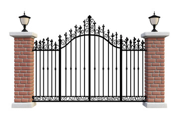 Brick pillars with iron gate isolated on transparent or white background, png
