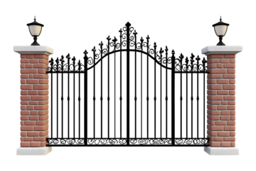 Brick pillars with iron gate isolated on transparent or white background, png
