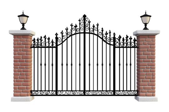 Brick pillars with iron gate isolated on transparent or white background, png