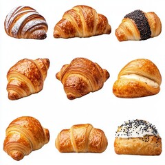 A photostock of a selection of soft bakery croissants, perfect for breakfast or pastry themes, isolated on transparent PNG background, High Quality
