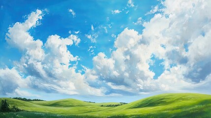 Fototapeta premium Vibrant rolling green hills create a stunning landscape under a bright blue sky adorned with fluffy white clouds. Perfect for serene outdoor imagery with ample copy space.