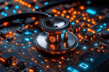 Stethoscope on a Circuit Board with Glowing Lights