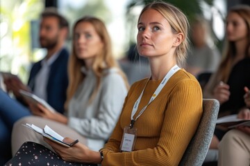 A young woman attentively listens during a conference. She takes notes and engages with the discussion. The setting is modern and professional. A space for learning and connection. AI