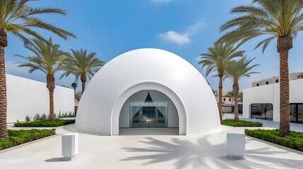 Fototapeta premium Modern White Dome Building with Palm Trees and Glass Doors