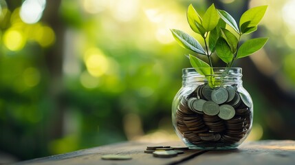 A jar of coins with a growing plant symbolizes wealth building and financial growth.