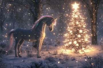 A magical unicorn stands beside a glowing Christmas tree in a snowy forest, surrounded by softly falling snowflakes.
