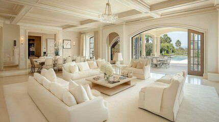 Fototapeta premium A bright and airy living room with a neutral color palette, soft whites, beige, and natural wood, reflecting timeless Mediterranean design.