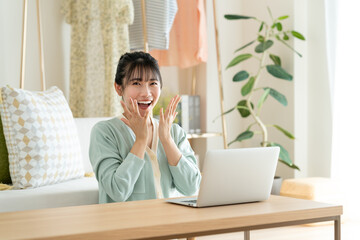 リビングでパソコンを使う若い女性