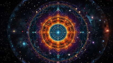 Obraz premium Celestial mandala with planetary orbits, suns, and moons, expanding from a luminous center