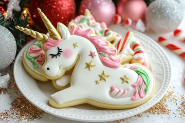 Obraz premium Colorful unicorn cookies decorated with icing, nestled among festive ornaments and candy, creating a magical holiday atmosphere.