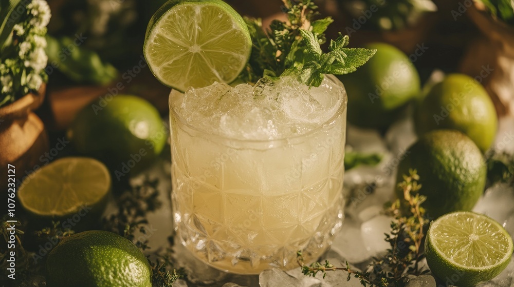 Poster a close-up of a refreshing lime cocktail in a glass filled with ice, surrounded by lime halves and f