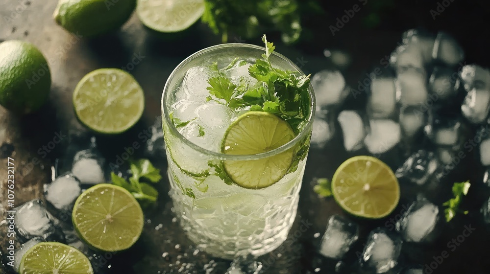 Poster a close-up of a refreshing lime cocktail in a glass filled with ice, surrounded by lime halves and f