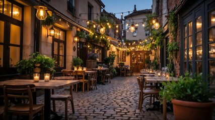 Inviting outdoor café with warm lighting, wooden tables, and vibrant flowers, creating a welcoming vibe as dusk settles on a cozy patio