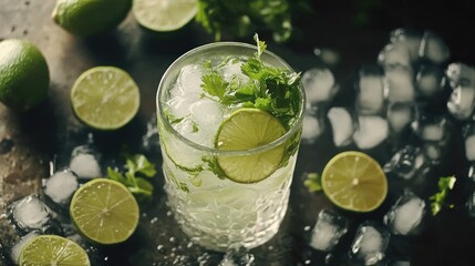 A close-up of a refreshing lime cocktail in a glass filled with ice, surrounded by lime halves and fresh herbs