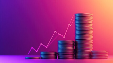Illustration of stacked coins with an increasing graph on gradient color background