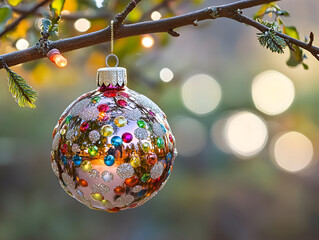 Wonderful transparent Christmas Ornaments on Christmas tree with colorful lights