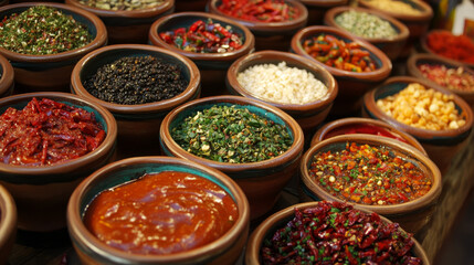 Fototapeta premium Chili peppers and spices add flavor to bowls of sauces, creating a vibrant and mouthwatering food landscape.