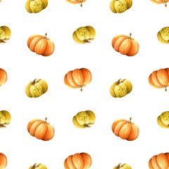 Simple orange yellow pumpkins watercolor seamless pattern on white. Hand drawn realistic fall harvest gourds for Thanksgiving day greeting cards. Fall farm vegetables repeat background