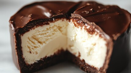 A delicious close-up of an ice cream box topped with rich, glossy chocolate, with a bite taken out, showing off the creamy interior