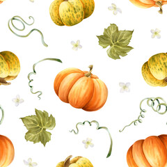 Ripe pumpkins watercolor seamless pattern on white in orange and yellow colors with green leaves and tiny flowers. Hand drawn autumn harvest background for Thanksgiving day greeting designs